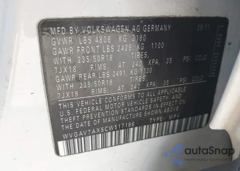 2012 Volkswagen Tiguan Se z USA, uszkodzony, nr VIN WVGAV7AX5CW517186